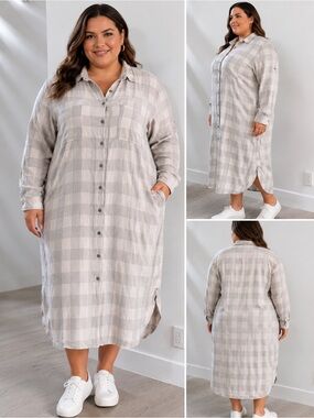 Standard Grace Button-Front Plaid Shirt Dress —  Gray size XL